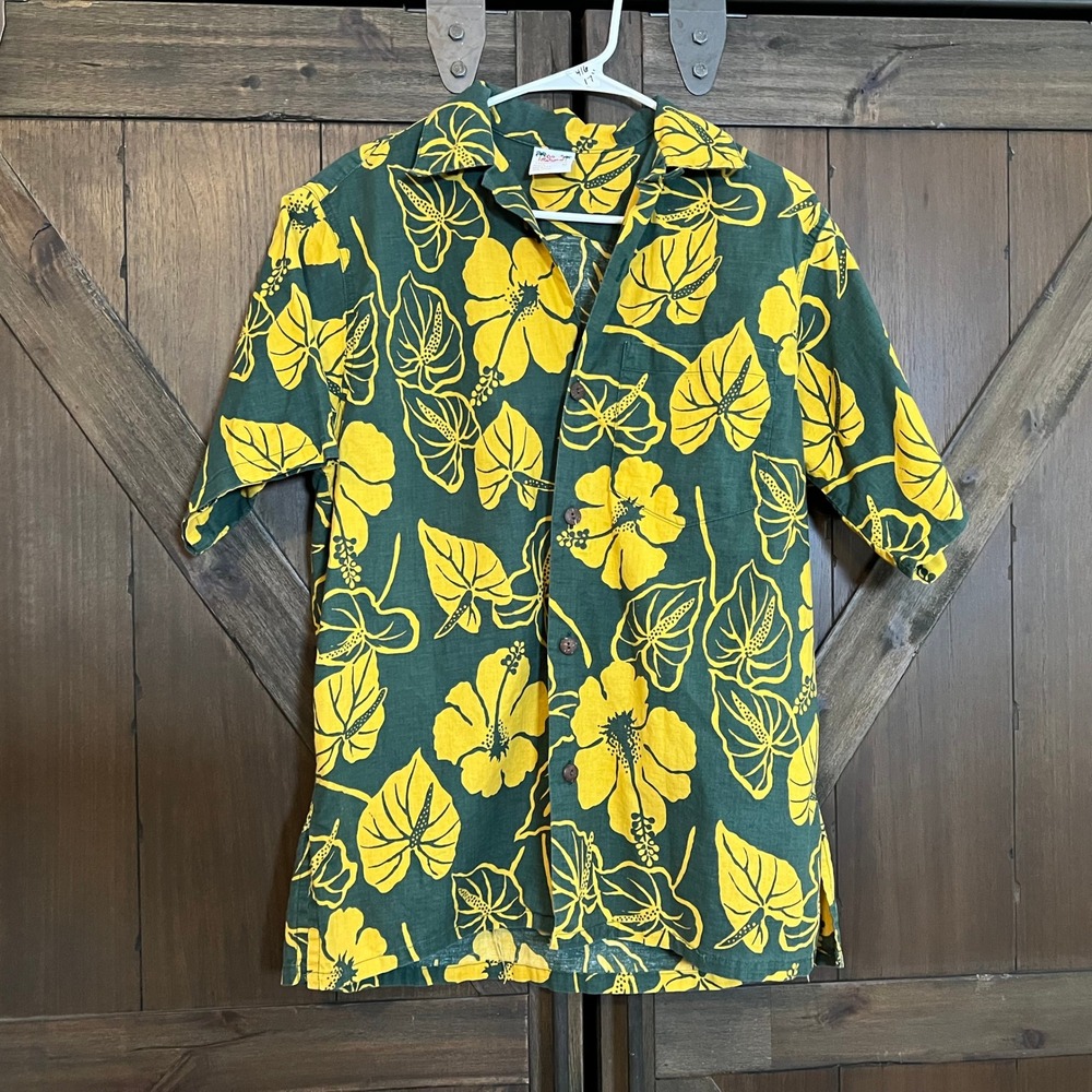 Go Barefoot Hawaiian Shirt Mens Medium Green Yellow Hibiscus Floral Cotton USA